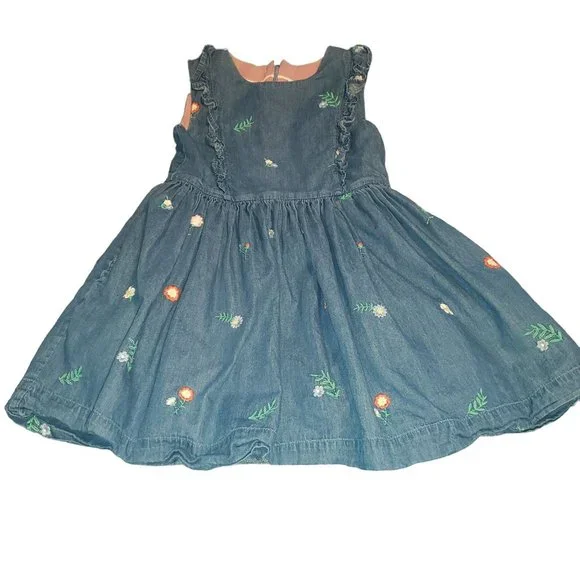 knee length dresses for ladies Denim Embroidered Collar Dress-Mid Vintage Denim